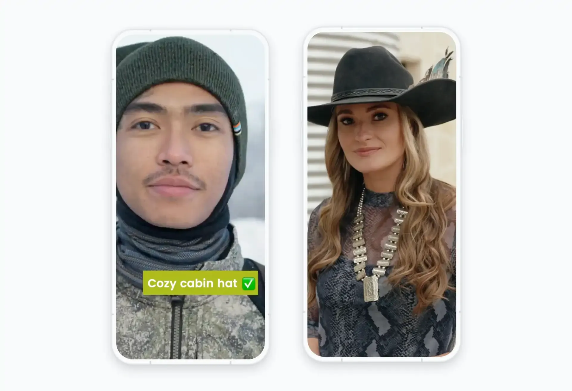 Two mobile videos: one in a cozy winter hat, the other in a western-style outfit and hat.