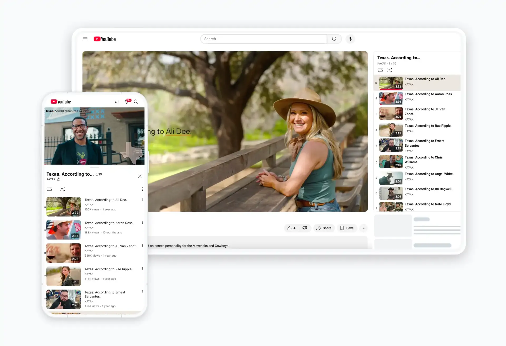 YouTube playlist 'Texas. According to...' shown on mobile and desktop screens.