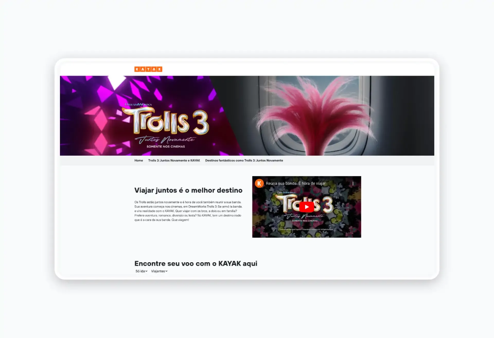 KAYAK and Trolls 3 promo in Portuguese: 'Traveling together is the best destination.
