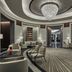 Four Seasons Hotel One Dalton Street, Boston lobby lounge with chandelier and curved seating area