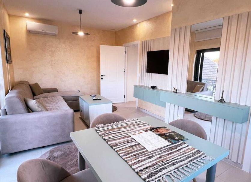 Apartments Aerodrom Podgorica living room with sofa, TV, coffee table and wall mirror