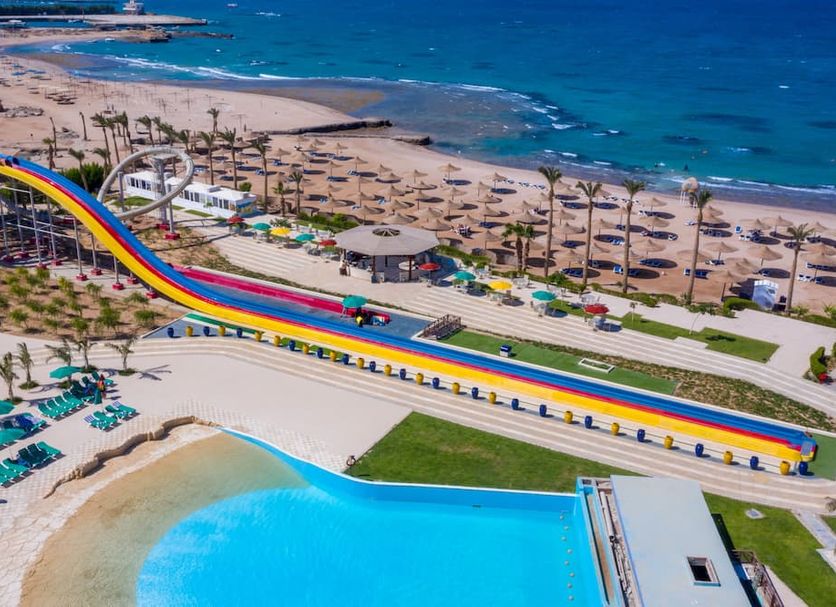 Blend Club Aqua Resort in Hurghada with beachfront water park, long rainbow slide and pool by the sea