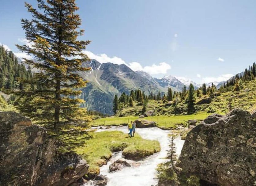 Wildbach Apartments Stubai in Neustift im Stubaital with alpine meadow, stream and mountain views