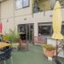 Outdoor patio at Finns Paekakariki in Paekakariki with tables, chairs, umbrellas and potted plants