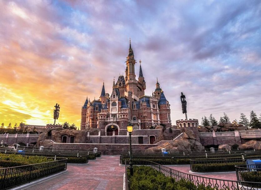 Royal Garden Hotel Shanghai castle-style exterior at sunset in Shanghai