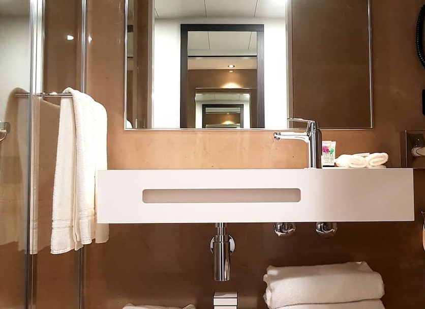 Nash Pratik Hotel in Meyrin bathroom with modern sink, mirror, towel rack and brown wall panels