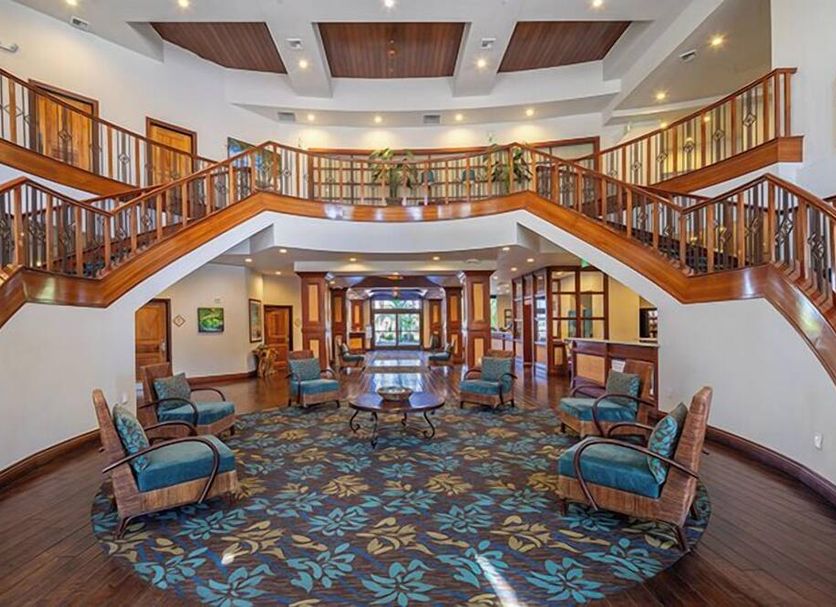 Tahiti Resort Las Vegas lobby with grand staircase and patterned seating area