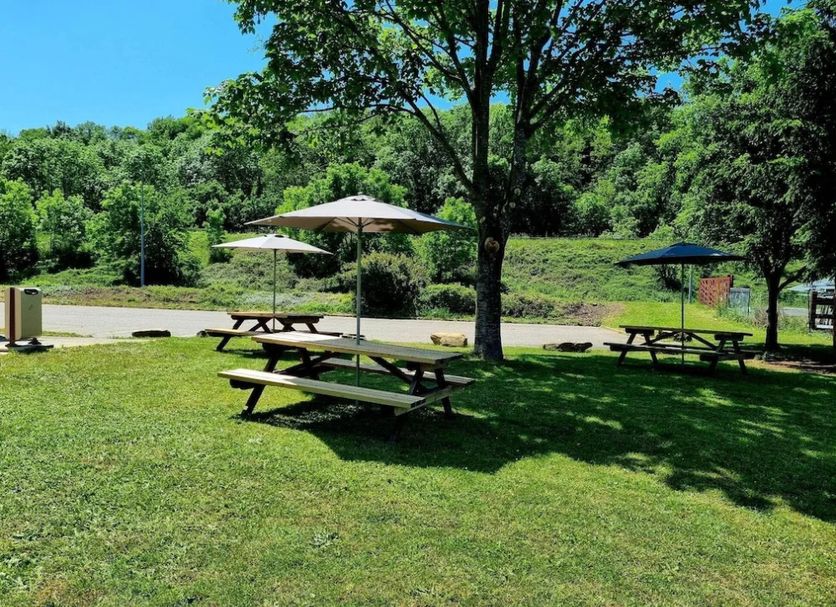 Hotel Enzo Green Clermont Ferrand, Coude in Coudes: shaded picnic tables on a grassy lawn