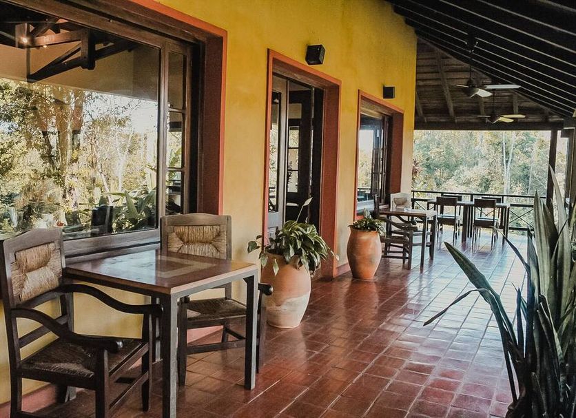 Posada Puerto Bemberg in Puerto Libertad: covered terrace with seating, tiled floor, and forest views