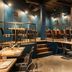 Conscious Hotel The Tire Station Amsterdam restaurant with tables, chairs and elevated seating area