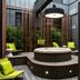 Le Cinq Codet Paris courtyard lounge with round hot tub, lime chairs and hanging lamp