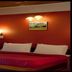 Hotel Ahdoo's in Srinagar guest room with red accent wall, twin beds, and wall lamp