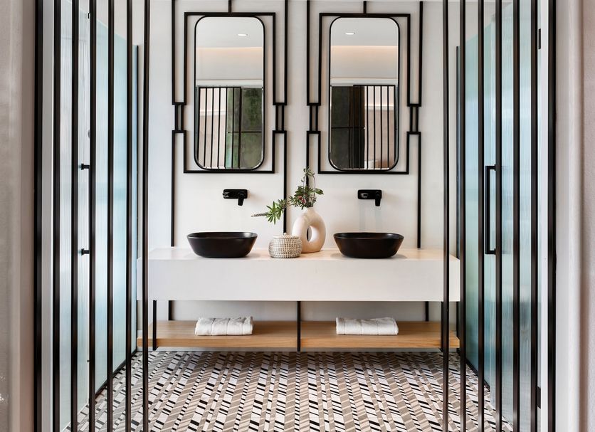 Yacht Classic Hotel - Boutique Class in Fethiye bathroom with dual sinks, mirrors, and black metal doors