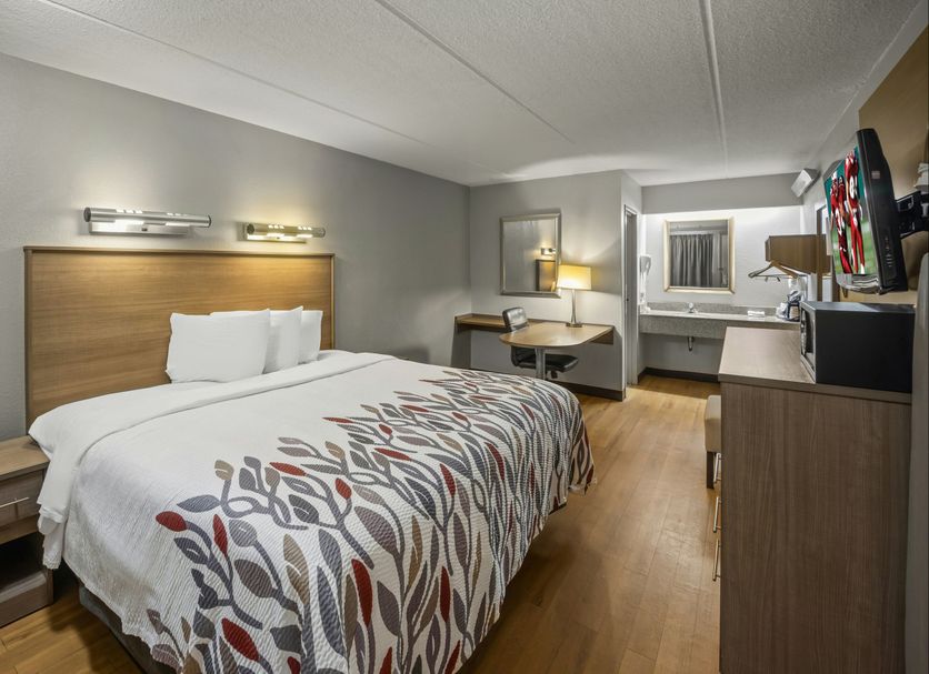 Red Roof Inn Greensboro Airport room with queen bed, desk, TV, and window view in Greensboro
