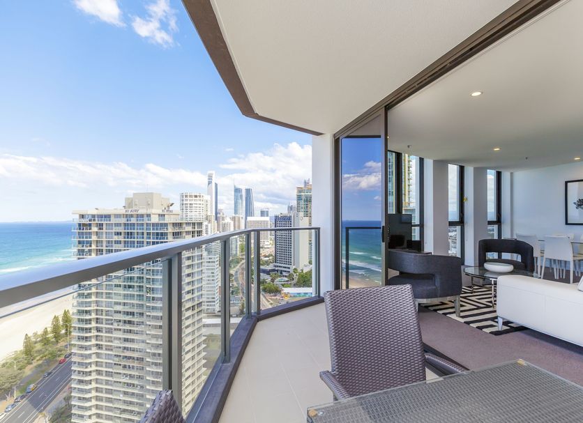 Rhapsody Resort Surfers Paradise balcony with ocean and skyline views from a high-rise apartment