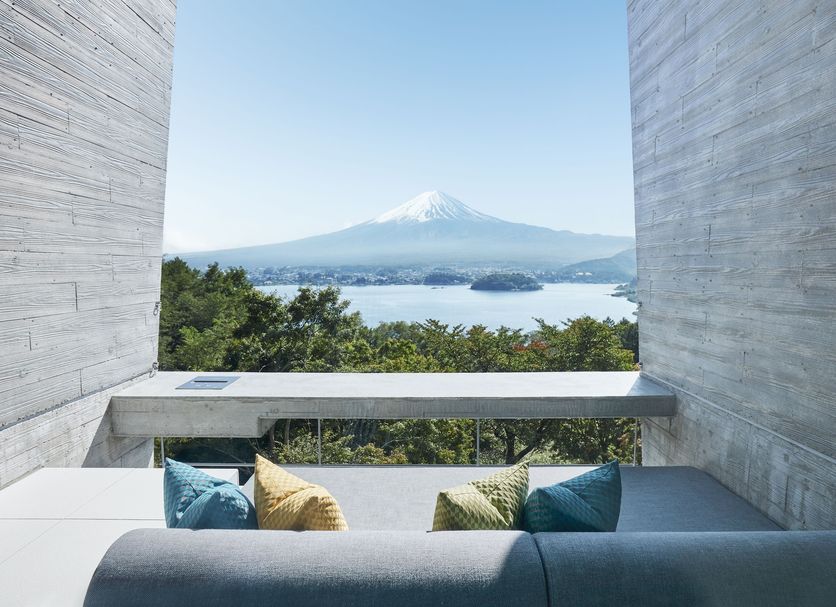 Hoshinoya Fuji in Fujikawaguchiko with Mount Fuji and lake view from a modern terrace