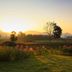 Belle Villa Resort, Pai: sunset mountain view over garden flowers and grassy lawn