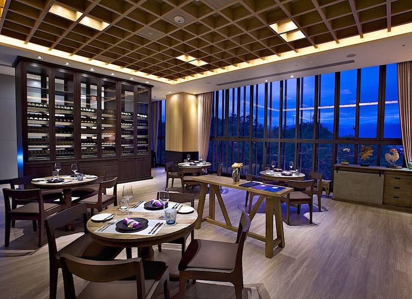 The Gaya Hotel in Taitung City dining room with large windows and city view