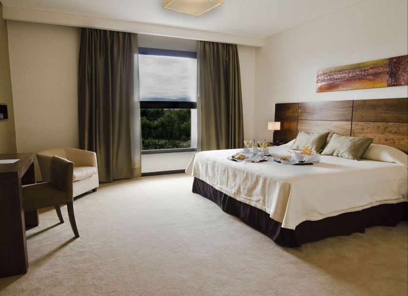 Fuente Mayor Hotel And Resort in Vista Flores bedroom with king bed, desk, chair and window view