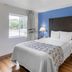 SureStay Plus by Best Western Niagara Falls East guest room with blue accent wall, bed, and window view