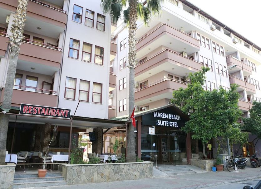 Maren Beach Apart Hotel in Alanya exterior with restaurant entrance and balconies