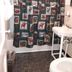 Evening Shade River Lodge & Cabins bathroom with patterned shower curtain and pedestal sink, Chimney Rock