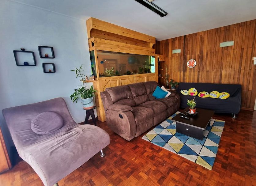 Casa Jardin Del Mango San José lounge with sofas, coffee table, and wood-paneled wall