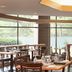Sheraton Atlanta Airport Hotel in Atlanta dining area with tables, chairs, and large windows overlooking greenery.