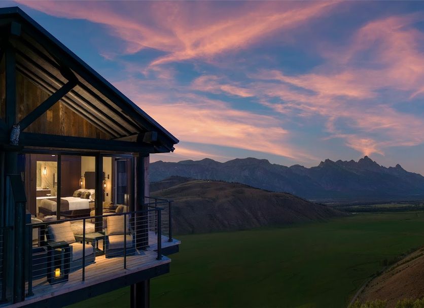 Hotel Yellowstone at Jackson Hole balcony with sunset mountain and valley views in Jackson