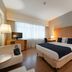 Pestana Curitiba hotel room in Curitiba with king bed, desk, TV, floor lamp and large window