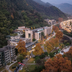 Tian Xing Hotel in Chongqing amid forested mountains and a river valley at dusk
