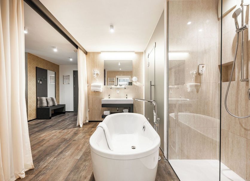 Hotel City Maribor in Maribor bathroom with freestanding tub and glass shower