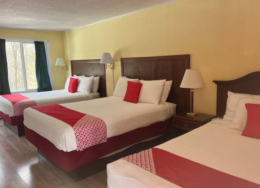 Buena Vista Inn Motel in Delhi guest room with three beds, lamps and a window view