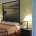 Super 8 by Wyndham Fayetteville guest room with a king bed, bedside lamps and framed beach wall art