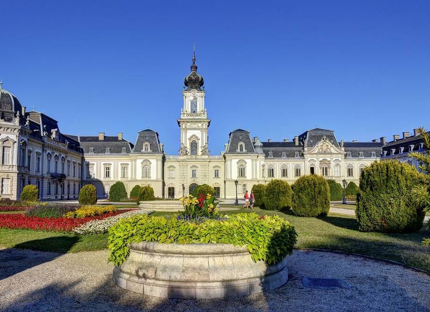 Albergo Giardino in Balatongyörök with a grand historic facade and landscaped garden courtyard