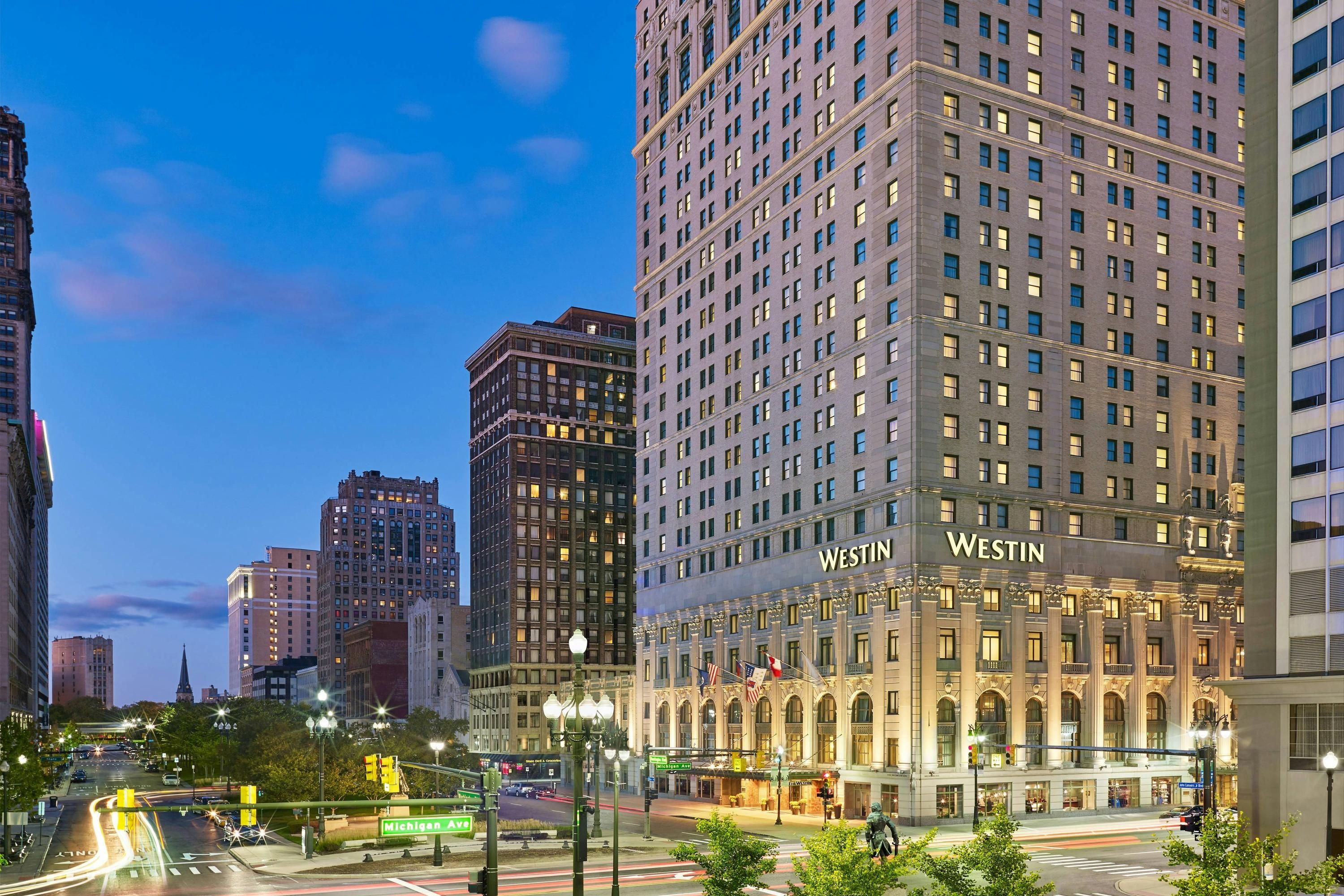 The Westin Book Cadillac Detroit in Detroit, exterior city view at dusk with illuminated facade