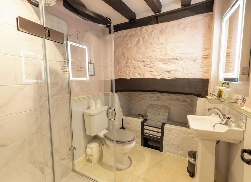 The Old Vicarage Hotel & Restaurant, Bridgwater bathroom with shower, toilet and pedestal sink