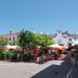 Pension Aduar in Marbella with a sunny outdoor terrace, trees, and café tables on a plaza