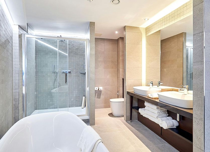 Park Regis Birmingham bathroom with freestanding tub, double vanity, walk-in shower and toilet
