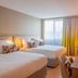 Pullman Toulouse Airport in Blagnac guest room with two beds, desk, and window with curtains