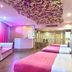 The Shankly Hotel, Liverpool: pink room with floral ceiling, twin beds, and tufted seating