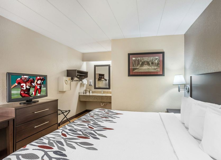 Red Roof Inn Danville, PA guest room with king bed, TV, desk, and wall-mounted lamp