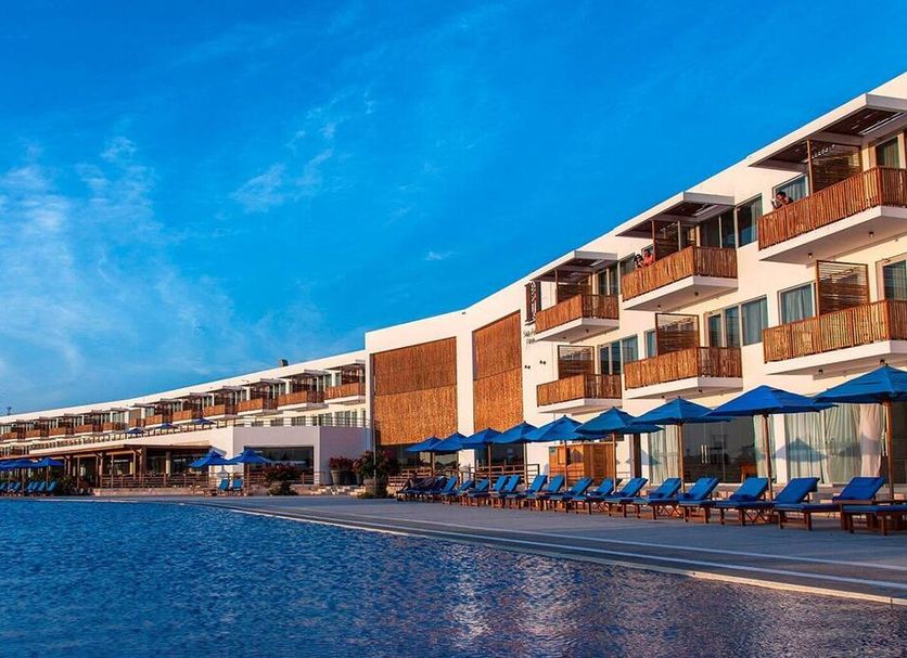 San Agustin Paracas in Paracas, beachfront hotel with pool, blue loungers and ocean view