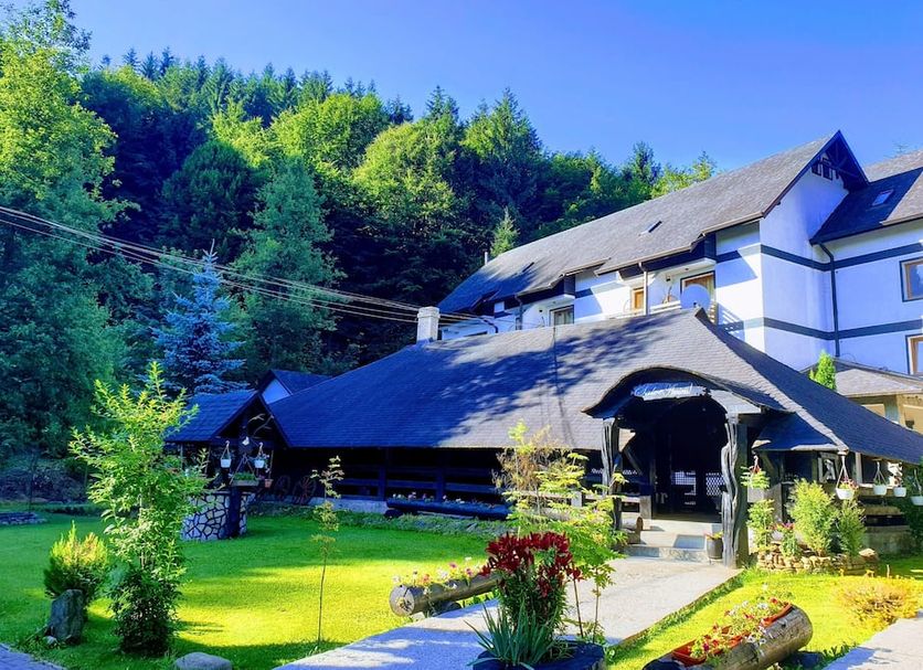 Casa Octavian in Suceviţa with a sloped-roof lodge, landscaped garden, and forest backdrop