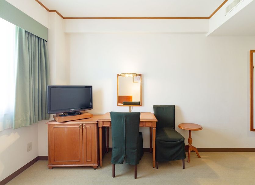 Plaza Hotel Premier in Fukuoka guest room with desk, TV, chairs, and mirror