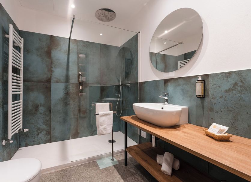 Hotel Stella Del Mare, Chiavari bathroom with walk-in shower, vessel sink and wooden vanity