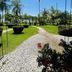 Hotel Cocomar Beachfront Hotel in Parrita with a palm-lined garden and gravel path under blue sky.