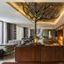 The Roseate New Delhi lobby with sculptural tree centerpiece, seating area, and warm illuminated bar
