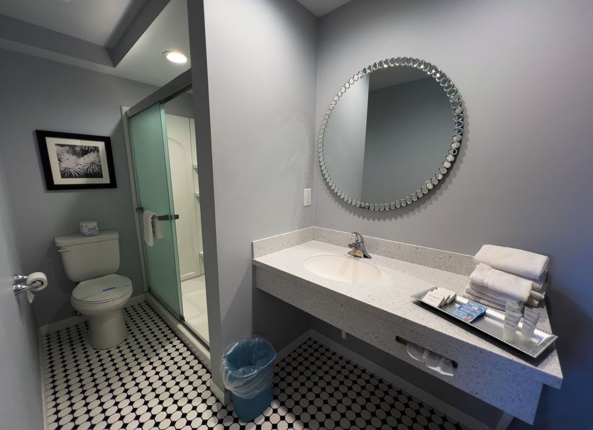 American Boutique Inn - Lakeview bathroom with vanity, round mirror, toilet, and glass shower in Mackinaw City