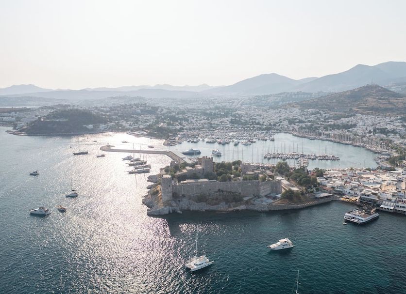 Artemis Hotel, Bodrum with panoramic harbor and sea view over boats and coastal hills
